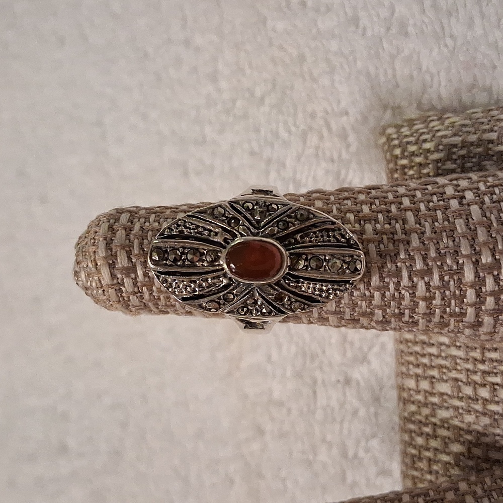 🖤🤎Vintage 925 Stamped Silver Marcasite & Carnelian Stone Ring Size 7